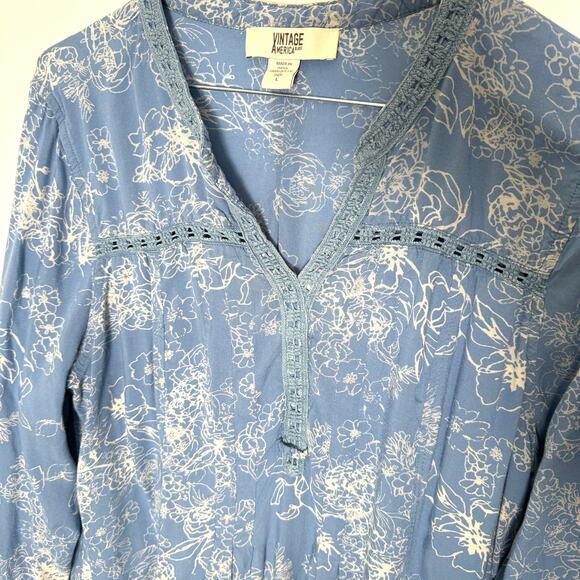 Vintage America Blues Women Missy Top L Blue Floral SOFT 100% Modal Boho Crochet - Picture 4 of 11